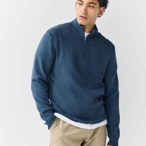 DRE488 Blue Plain Slim Fit Quarter Zip Neck Jumper