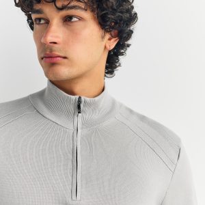 DRE483 Ice Grey Plain Slim Fit Quarter Zip Neck Jumper
