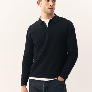 DRE484 Black Zip Neck Regular Fit Premium Mid Weight Long Sleeve Knit Polo Shirt