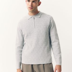 DRE481 Grey Regular Fit Premium Mid Weight Long Sleeve Textured Knit Quarter Zip Polo Shirt