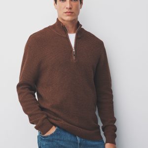 DRE480 Tan Brown Plain Regular Fit Textured Premium Quarter Zip Jumper