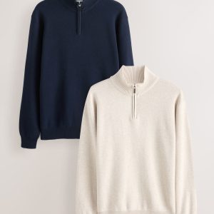 DRE491 Navy Blue/Oatmeal Regular Fit Premium Quarter Zip Jumpers 2 Pack
