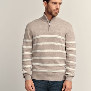 DRE482 Oatmeal Regular Fit Premium Striped Quarter Zip Neck Jumper