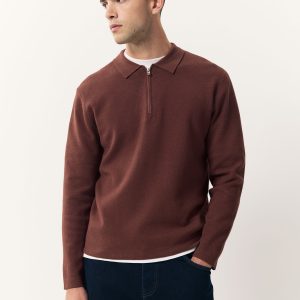DRE493 Rust Red Zip Neck Regular Fit Premium Mid Weight Long Sleeve Knit Polo Shirt