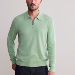 DRE489 Sage Green Signature Merino Blend Lightweight Quarter Zip Neck Long Sleeve Polo