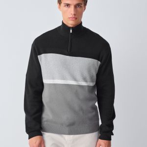 DRE495 Black/Grey Regular Fit Colour Block Stripe Quarter Zip Neck Jumper