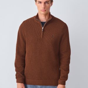 DRE494 Tan Brown Stag Logo Regular Fit Textured Premium Quarter Zip Jumper